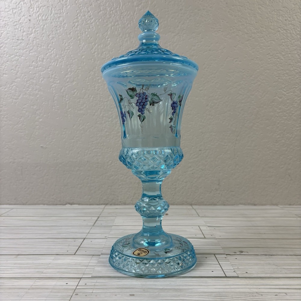 Vintage Fenton Blue Compote/ Opalescent Rim Glass Grape Painted Design W/ Lid